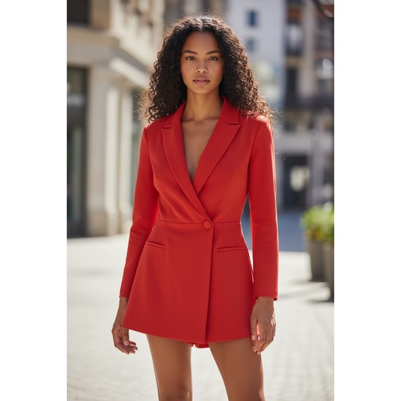 Zara Pants - Zara Blazer Romper Womens XS Red Shawl Lapel Long Sleeve Playsuit Chic